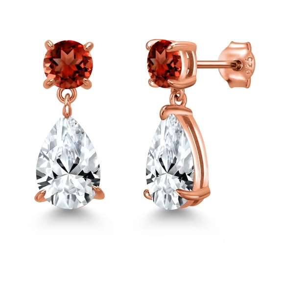 Gem Stone King 18K Rose Gold Plated Silver White Created Sapphire and Red Garnet Teardrop Dangle Drop Earrings for Women (8.98 Cttw, Gemstone Birthstone, Pear Shape 12x8MM, Round 6MM)