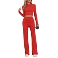 thumbnail image 1 of Conjuntos de lounge para mujeres INSPIRE CHIC, top corto de manga larga, pantalones de campana con pliegue, pijama casual de 2 piezas, XS, rojo, 1 of 5