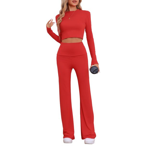 Conjuntos de salón para mujeres INSPIRE CHIC, top corto de manga larga, pantalones de campana con pliegue, pijama casual de 2 piezas, XL, gris claro