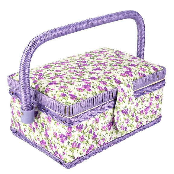 Tebru Craft Handmade Sewing Basket Sewing Box Organizer Thread Needle Double-layer Sewing Storage Box with Handle, Purple Flower Printed
