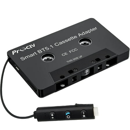 Prociv New Car Audio Bluetooth Wireless Cassette Receiver, Bluetooth 5.1 Car Audio Stereo Cassette Vehicle Tape Converter Cassette, Work While Charging Black