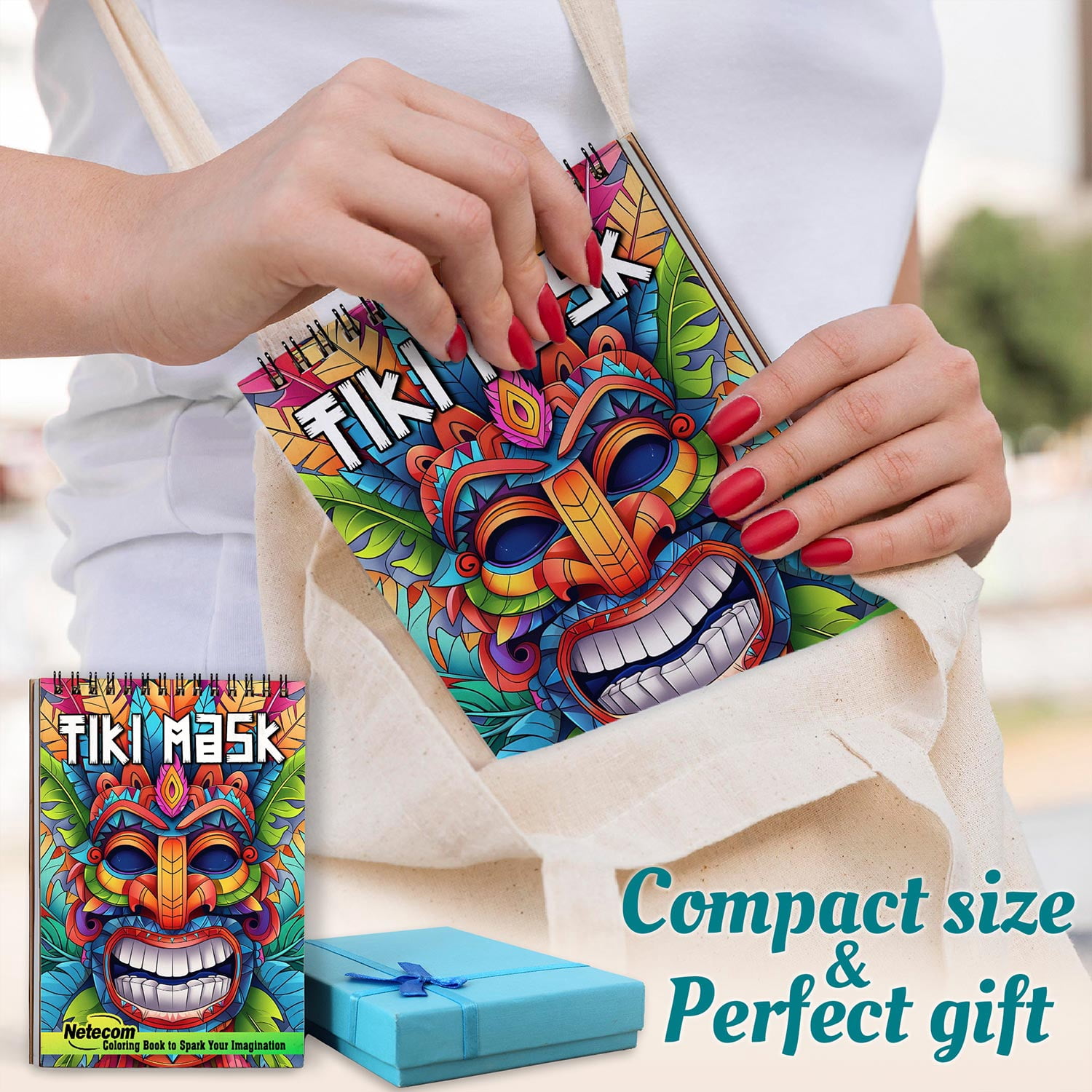 Netecom Tiki Mask Coloring Book Spiral Bound for Adults, A5 Wooden Cover, Spiral Bound, 30 Extraordinary Coloring Pages of Tropical Tiki Mask for Stress Relief and Relaxation
