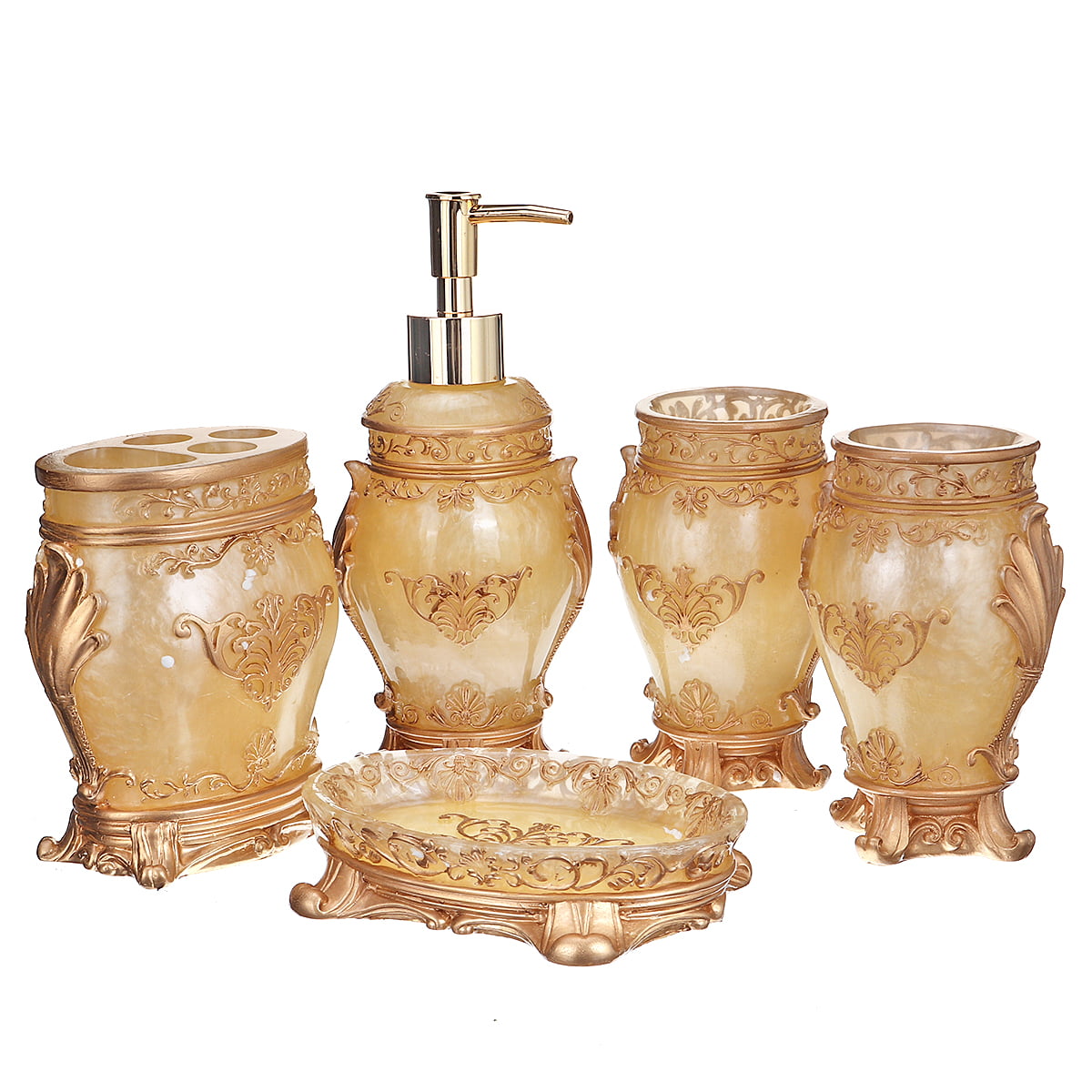 5 Piece Gold Bath Accessory Set Includes Liquid Soap Or Lotion Dispenser Wtoothbrush Holder 