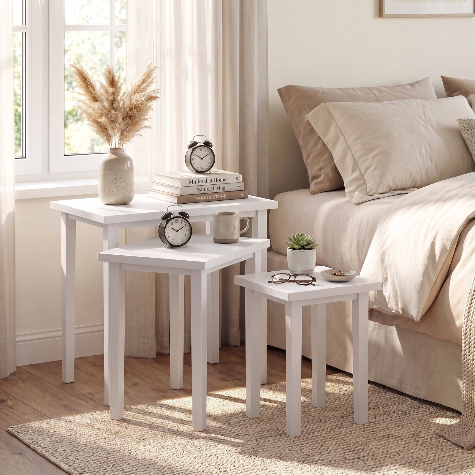 Furnibear 3 Piece Farmhouse Nesting Side Table Set with Rubber Wood Legs and Stackable Rectangle Tops for Living Room and Bedroom, White