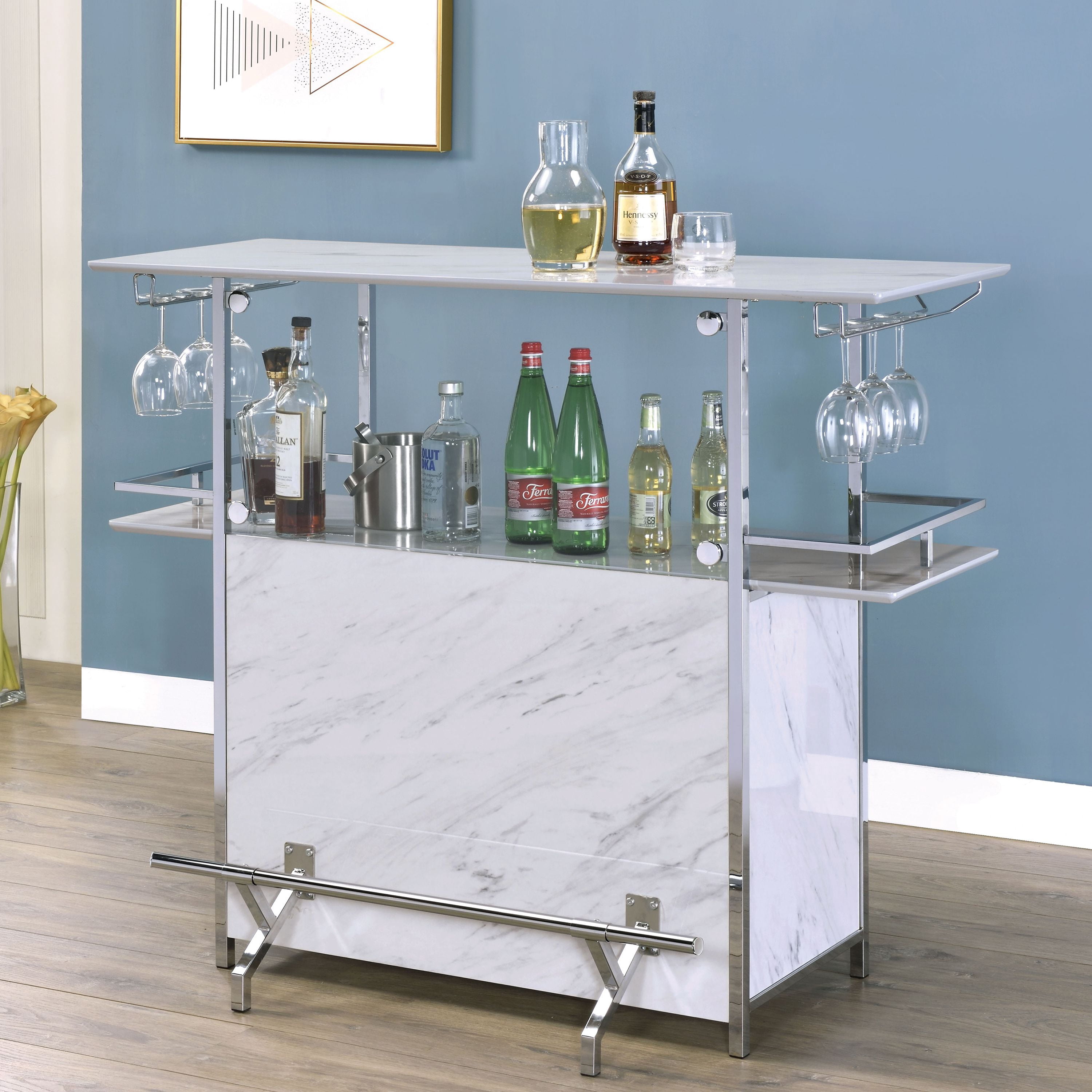 Furniture of America Naar Multi-Storage Bar table, White and Chrome