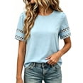 thumbnail image 4 of Asxite Womens Tops Short Sleeve Solid Color Round Neck Lace Border Relaxed Breathable Casual Blouse, 4 of 4