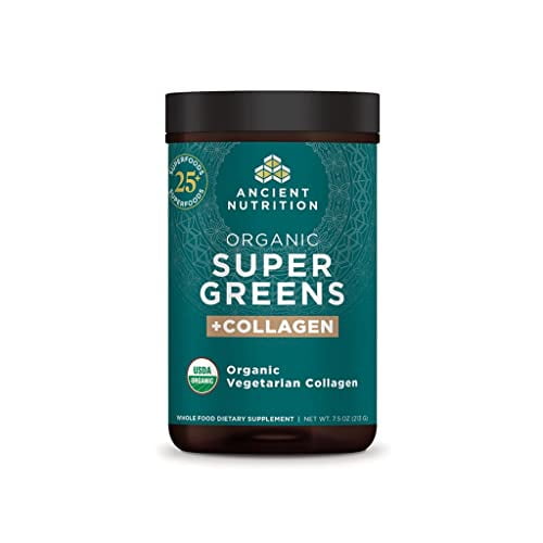 Ancient Nutrition Supergreens Powder, superalimento orgánico en polvo con colágeno, hecho de frutas, verduras y hierbas reales, para apoyo digestivo y energético, 25 porciones, 7.5 oz