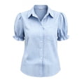 thumbnail image 7 of Women's Linen Short Sleeve Button Down Shirt with Chest Pocket, Checkered Casual Loose Fit Top, 7 of 7