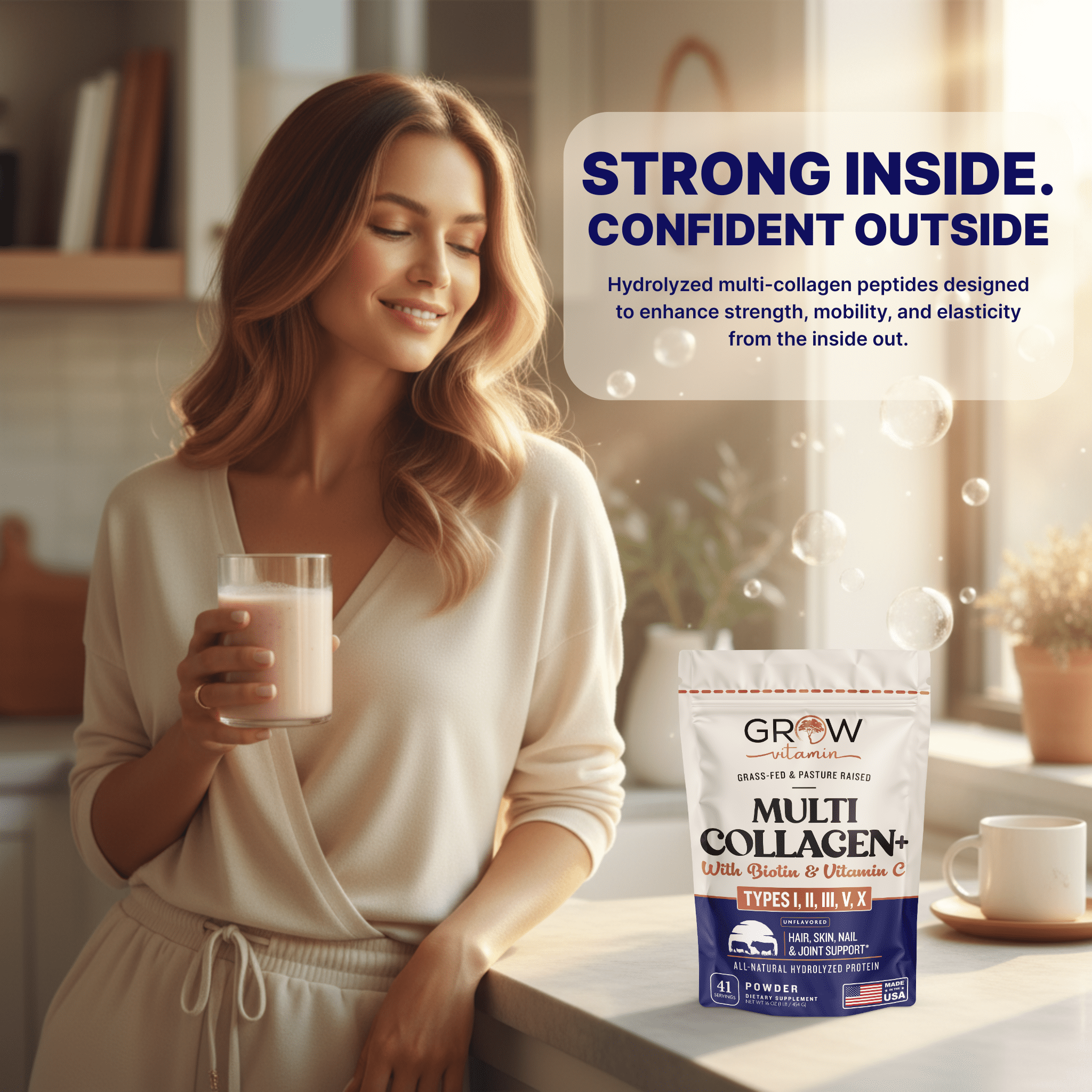 Grow Vitamin Collagen Peptides, Hair Skin Nail and Joint Support, Type I & III, Hydrolyzed Protein, 41 Servings, 16 oz