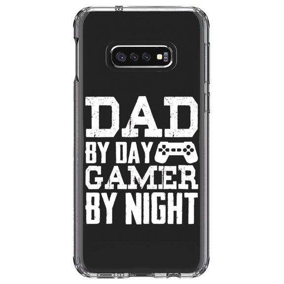 DistinctInk Clear Shockproof Hybrid Case for Samsung Galaxy S10e (5.8" Screen) - TPU Bumper Acrylic Back Tempered Glass Screen Protector - Dad By Day Gamer By Night