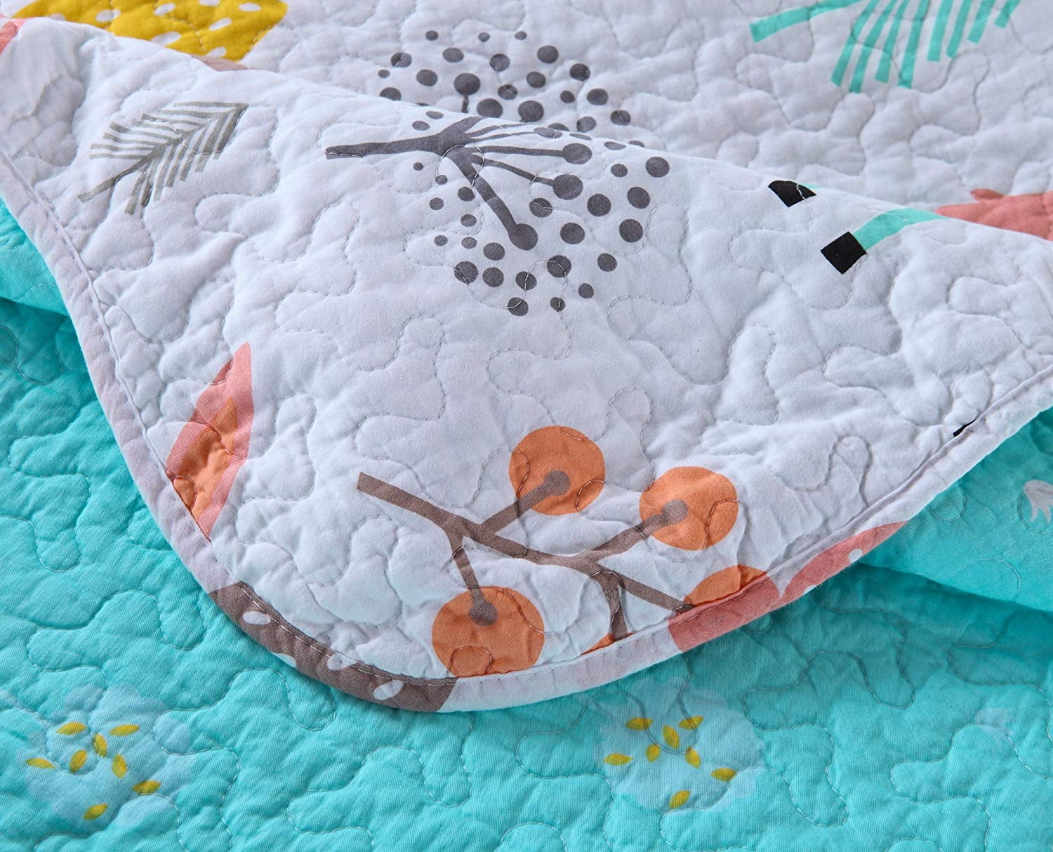 100% Cotton 2 Piece Kids Quilt Bedspread Comforter Set Throw Blanket for Teens Boys Girls Kids Beds Bedding Coverlet Teal Blue Forest Deer