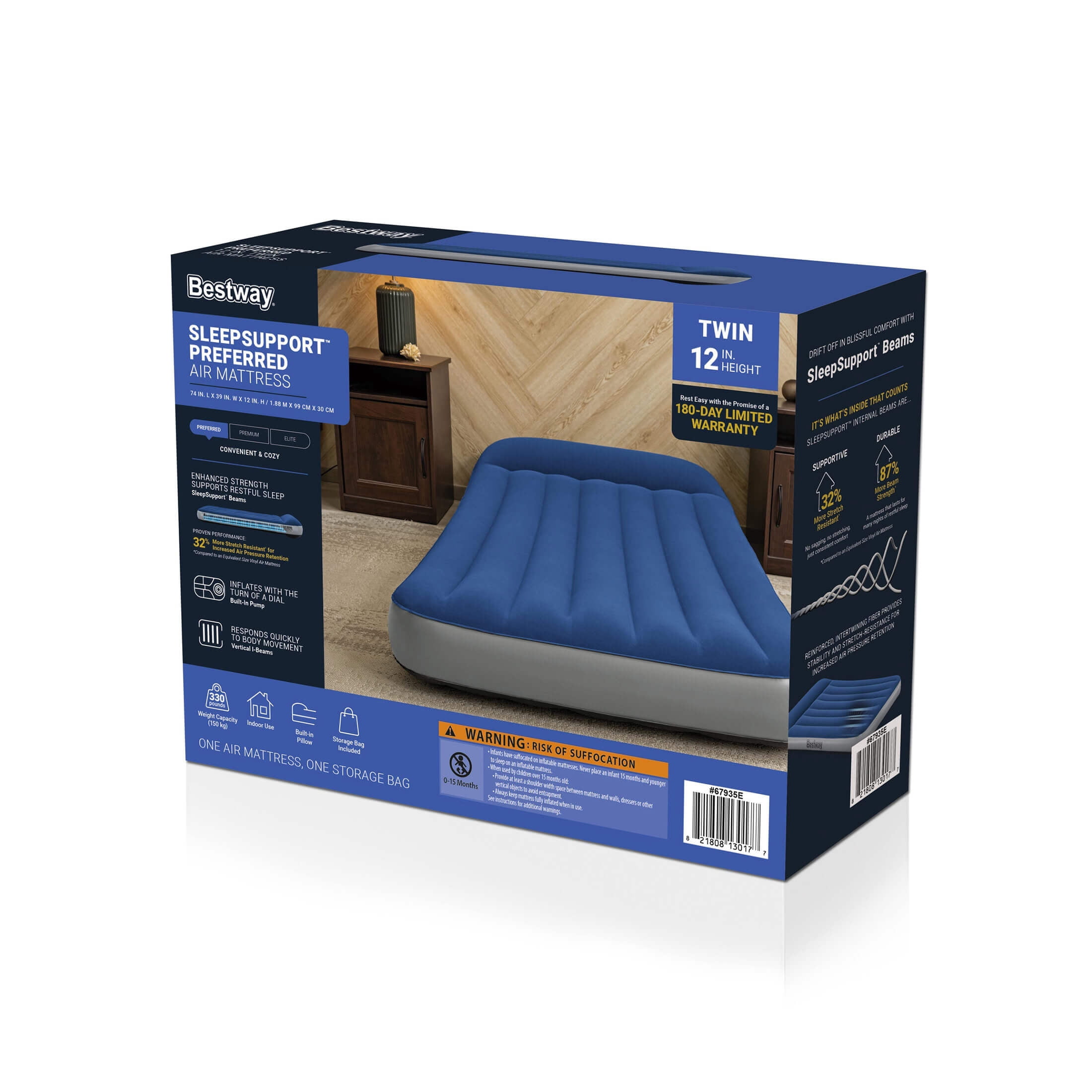 Bestway SleepSupport Twin Air Mattress 12” with Built-in AC Pump