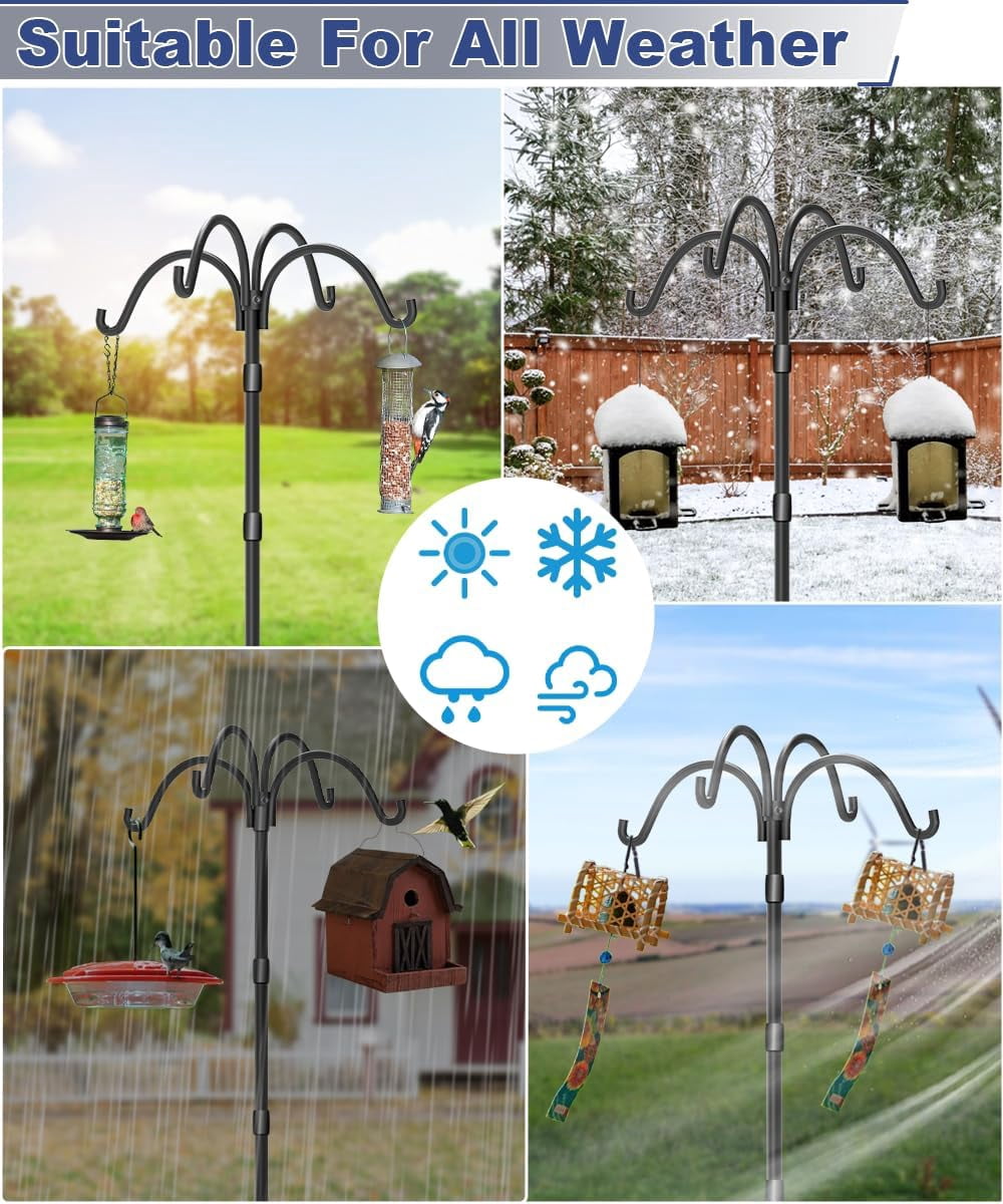 Upgrade 4-Hook Shepherds Hooks for Outdoor with Plastic Tube, 92" Heavy Duty Bird Feeder Pole with 5 Prongs Base, Adjustable Garden Hook for Solar Light, Hanging Plant, Wedding Decor, 2 Pack