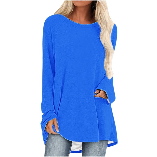 AherBiu Hauts pour Femmes Manches Longues Col Rond T-Shirts Basiques Amples Fluides Couleur Unie Longline