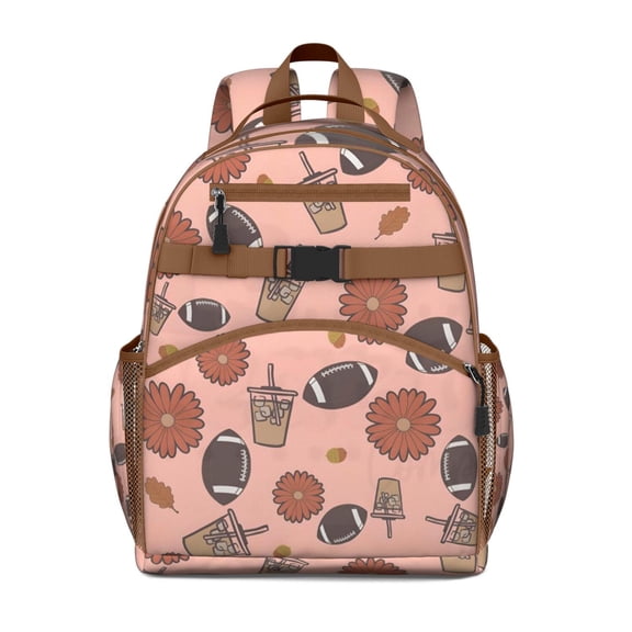 Pink Football and Drinks Pattern Backpack for School,Cute School Bag,Schoolbag with Adjustable Shoulder Straps & Padded Back,15.25"x11.5"x5.25"