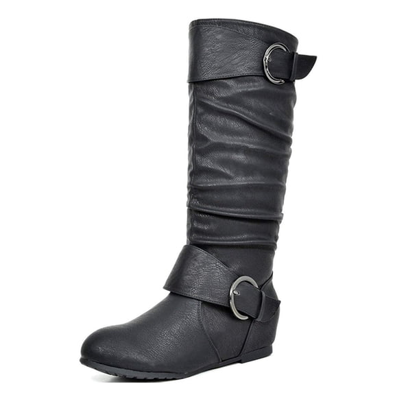 Dream Pairs Womens Wide-Calf Knee High Low Hidden Wedge Slouch Buckle Boots Ura Black Size 8.5
