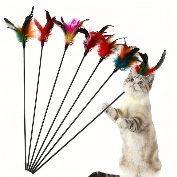 Feather Wand Teaser Cat Toys with 15.7 Inch Long Handle and Bells, 8-Pack, Multi-Colored, for Indoor Cats and Kittens, Interactive Toys