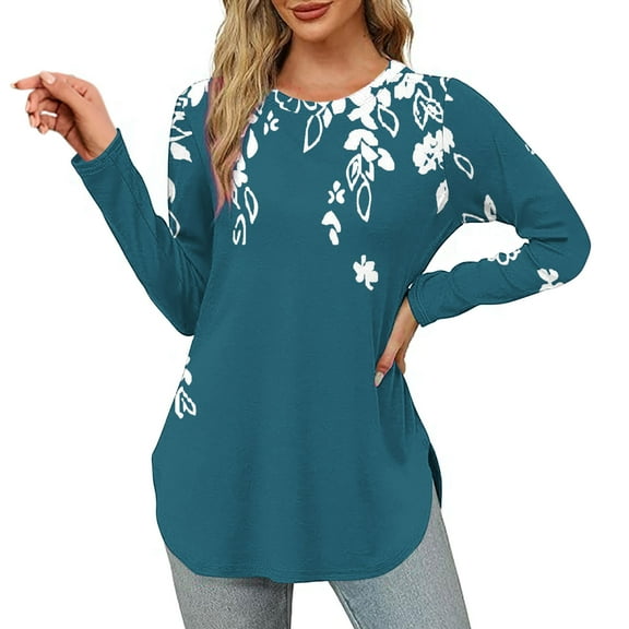 Womens Sweatshirts Cotton Round Neck Long Sleeved Printed T-shirt Elegant Tunic Tops Fall Winter Casual Loose Pullover Tees Comfortable Fashion Sweatshirt Activewear Size 8-16