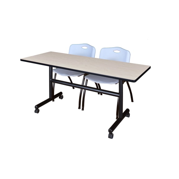 Regency Kobe 60 x 30 in. Flip-Top Training Nesting Table- Maple, 2 M Stack Chairs- Grey