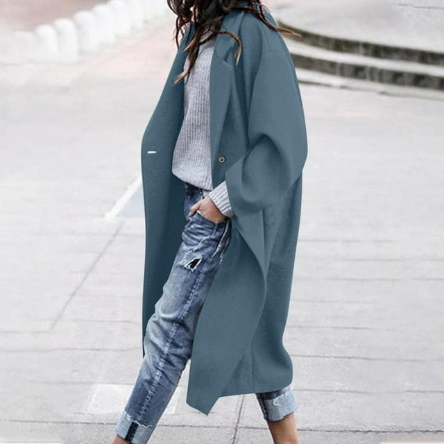 RXMEKW Wool Coat for Women, Solid Color Oversized Button Closure with Functional Pockets, Mid-Length Casual Blazer Style Jacket for Fall and Winter