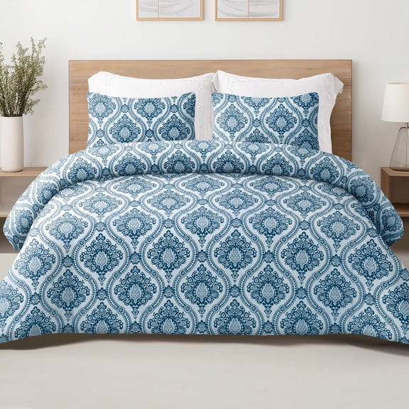 Exclusivo Mezcla 2-Piece Boho Damask Twin Comforter Set, Microfiber Bedding Down Alternative Comforter for All Seasons with 1 Pillow Sham, Navy Blue