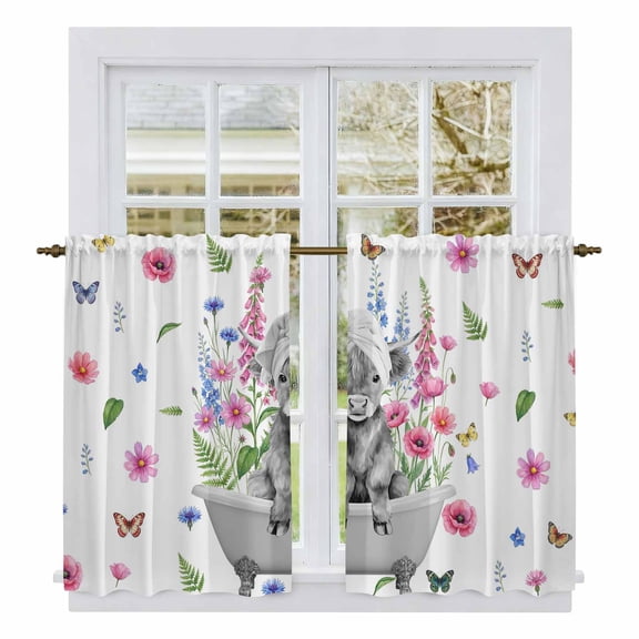 Pink Flowers Yak Tier Curtains 54 Inch Length, Vintage Spring Floral Bathtub Watercolor Cafe Short Curtains for Bathroom Over Sink, Small Kitchen Curtain Light Filtering Drapes 2 Panels 27.5"Wx54"L