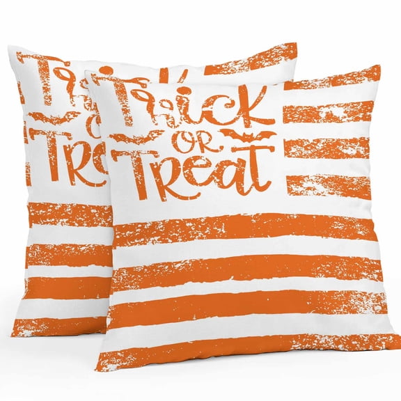 Outdoor Waterproof Pillow Covers Trick Or Treat Words Decorative Throw Pillow Protectors,Vintage Orange Striped Pillowcase Cushion Cases for Patio Sofa Garden Couch,16x16in,Pack of 2