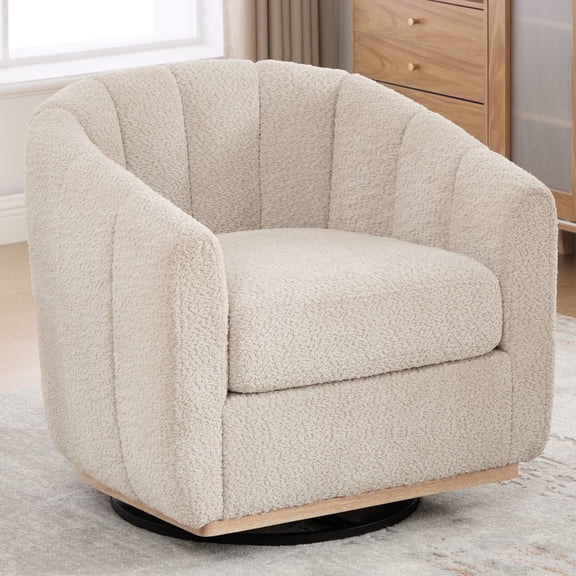 MDAQMD Swivel Accent Chair Beige,Wide Curved Backrest Barrel Chair 32.3" , Wood Base,Thickened Upholstered Swivel Chair for Living Room ,Chenille Armchair, Modern Single Sofa Chair