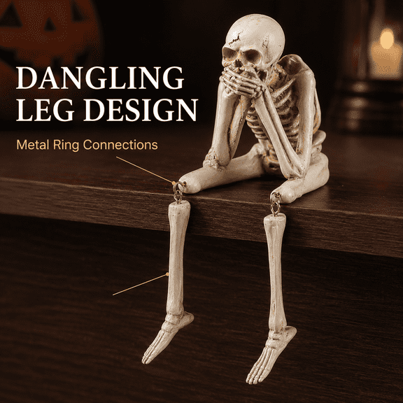 Halloween Decor Skeleton Statue Figurines Skull Decor See No Evil Hear No Evil Speak No Resin Skeleton Shelf Sitters Sitting Figurines for Home Kitchen Party Decor Table Ledge Edge Decorative (B)