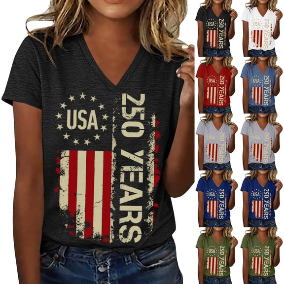 KDDYLITQ 250th Anniversary Shirts for Women Causal Usa Star Stripes V Neck Tees American Birthday Usa Flag Freedom Tops National Flag Print Plus Size Short Sleeve Blouses Blue 3XL