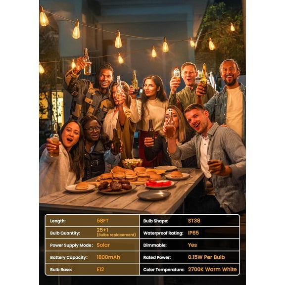 Outdoor Solar String Lights Waterproof 58FT with 25 Shatterproof ST38 LED Bulbs, 2700K Solar Lights Outdoor with Remote, Solar String Lights for Outside, Camping, Yard, Party Decor