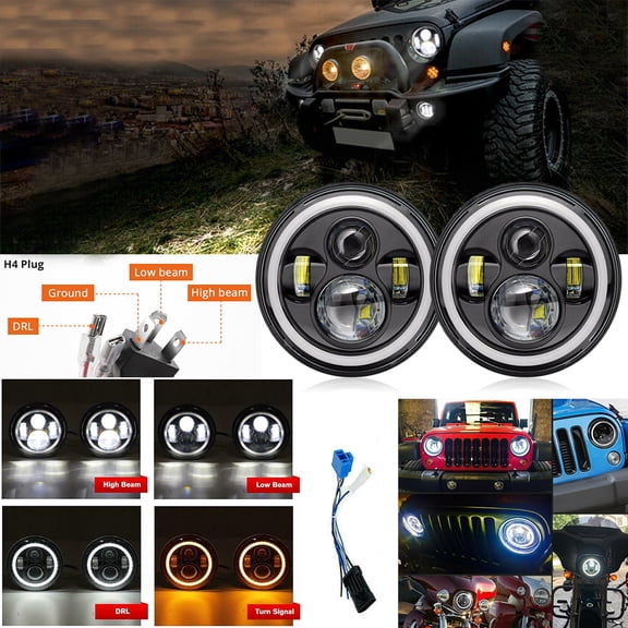 7" LED Headlights Ring Angel Eyes Fog Light, CREE LED Chip, Hi/Lo Beam with DRL Amber Turn Signal Light(2PCS)
