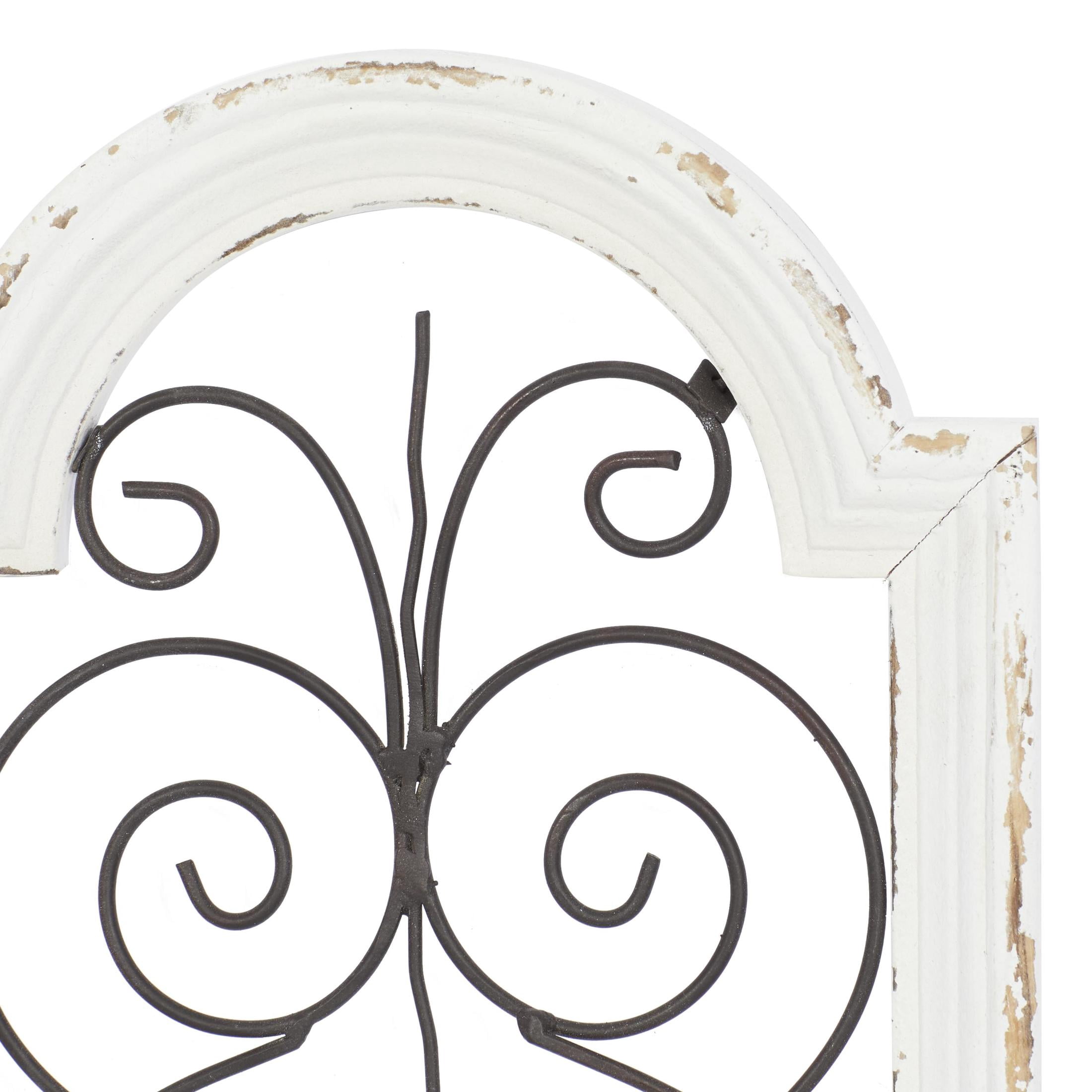 DecMode White Wood Arched Window Inspired Scroll Wall Decor with Metal Scrollwork Relief