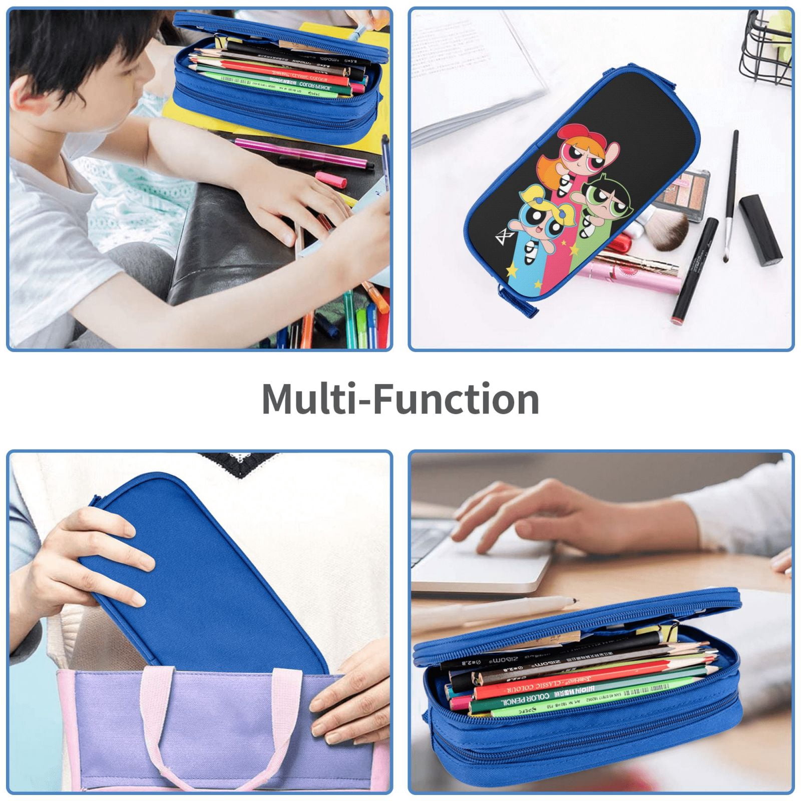 The Powerpuff Gi-rls Pencil Case Large Capacity Pencil Pouch Penbag Office Stationery Organizer Travel Makeup Bag Blue