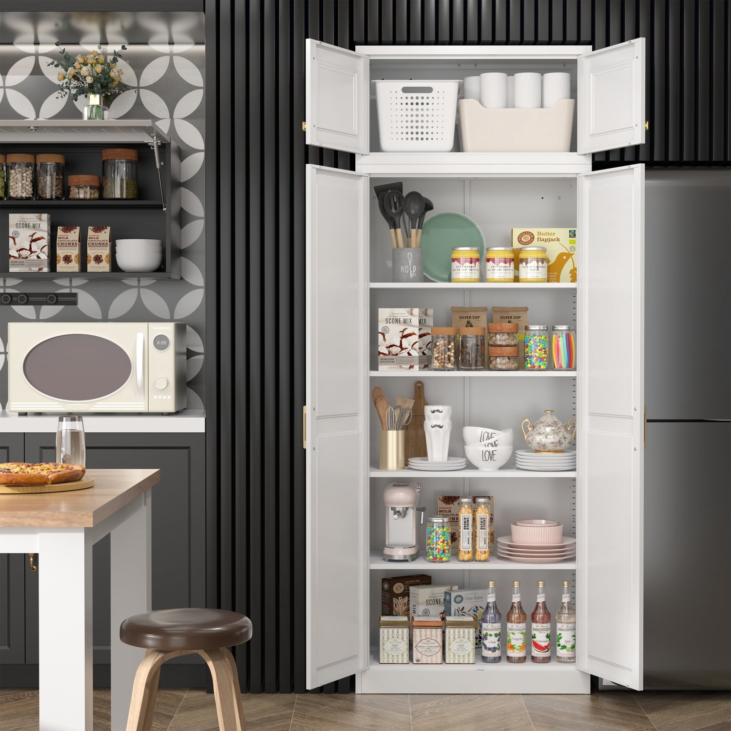 Polup 86" Height Modern Metal Pantry Storage Cabinet with Doors and Adjustable Shelves White for Living Room Kitchen and Home