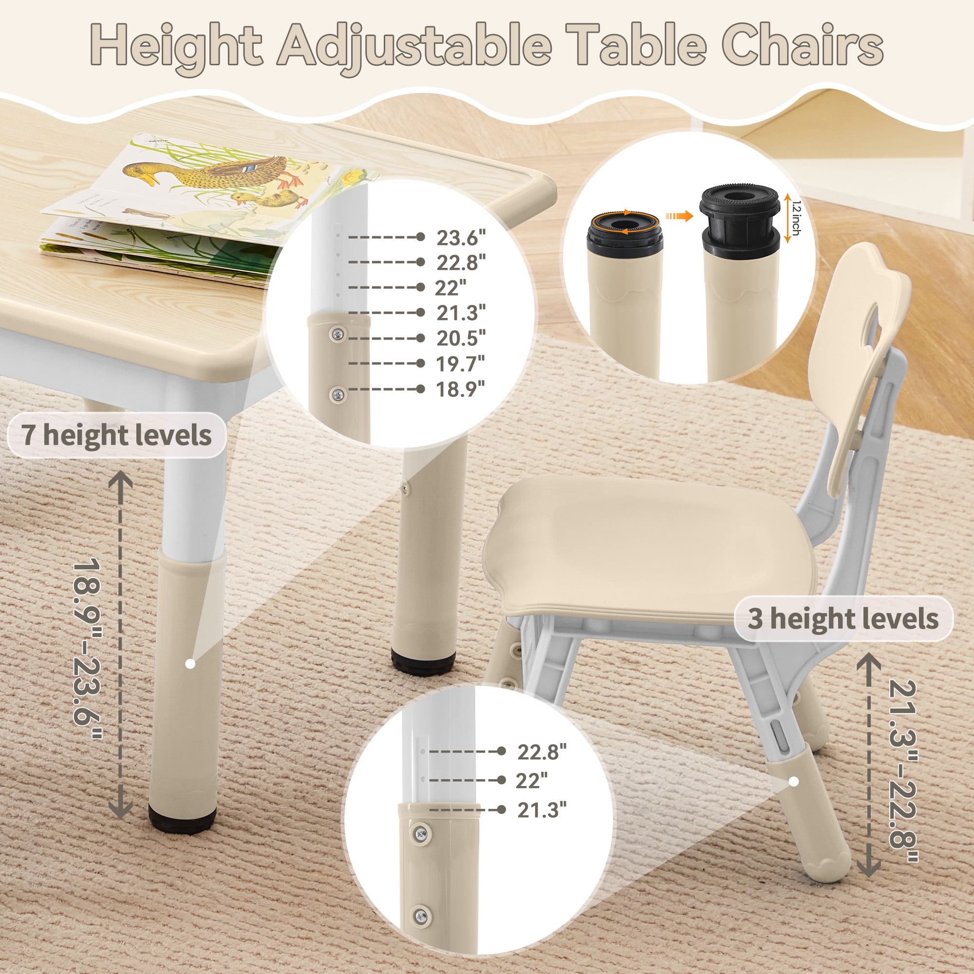 DOREROOM Height-Adjustable Kids Table and 4 Chairs Set, Graffiti Desktop, 31.5''L x 23.6''W Children Activity Table for Daycare, Classroom, Home
