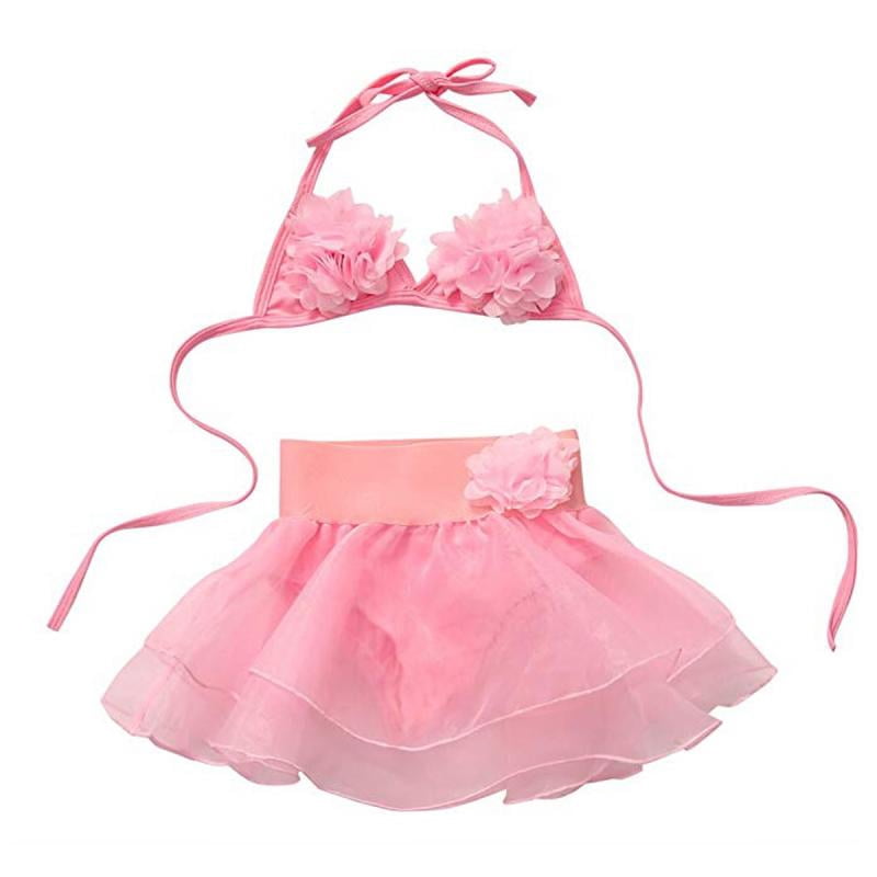 Baby Girl Pink Swimsuit Flower Halter Top And Tutu Skirt Tankini Bikini