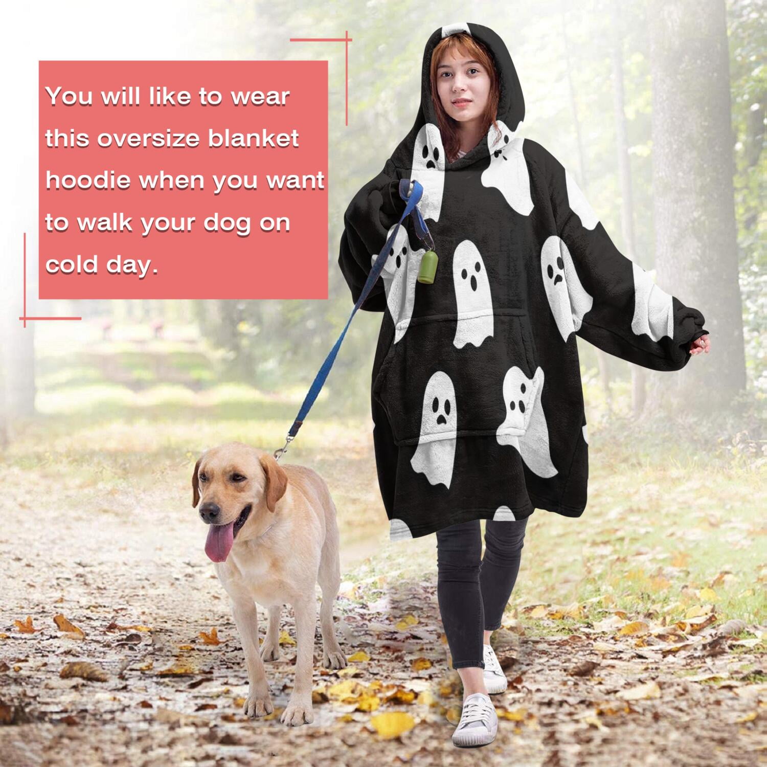 Wearable Oversized Blanket,Black Halloween Ghosts Wearable Blanket Hoodie for Adults,Cozy Hooded Blankets with Super Pockets,Super Warm Fuzzy Pullover for Women & Men