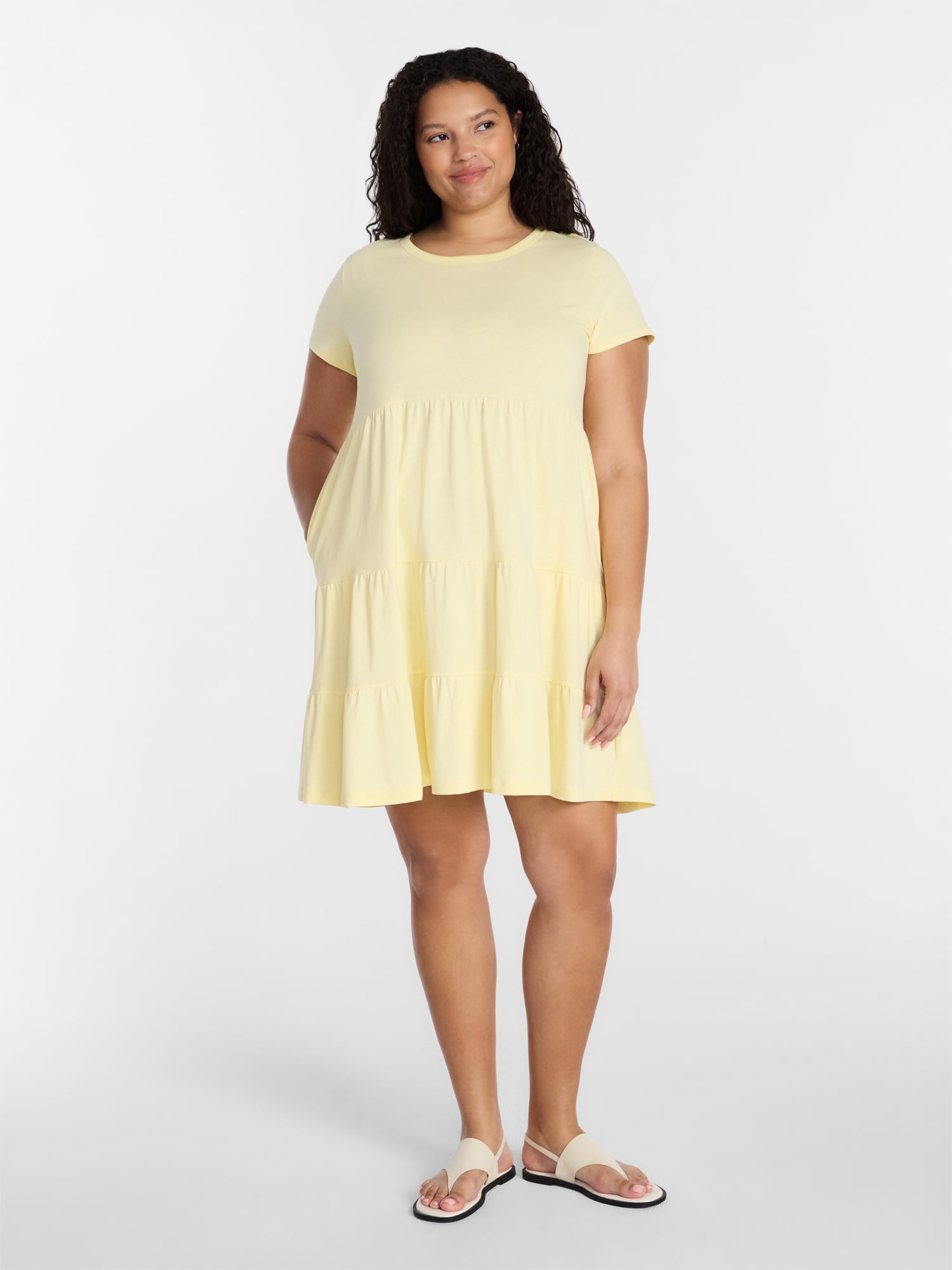 Time and Tru Women's Tiered Cotton Mini Dress with Short Sleeves, Sizes XS-XXXL