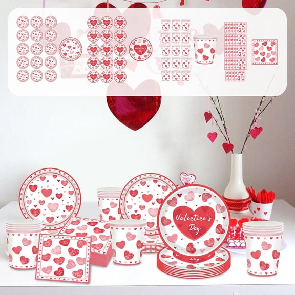 Yeciiwht Romantic Heart Festive Theme Party Tableware, Disposable Paper Plates Paper Cup Napkins Set of Party-Themed Paper Plates for Holiday Party Wedding Birthday