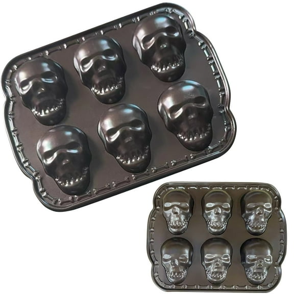 YAMB 6 Cavity Skull Cake Pan Mold - Haunted Skull Cakelet Pan Metal Halloween Bakeware,Skull Shape Ice Mold Baking Pan for Halloween Birthday Holiday Party,Food Grade Kitchen Gadget,6"x8"