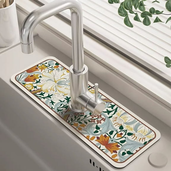 PULMCheerger Faucet Draining Mat Wear-resistant Water Absorption Flower Pattern Faucet Splash Mat Household Supplies