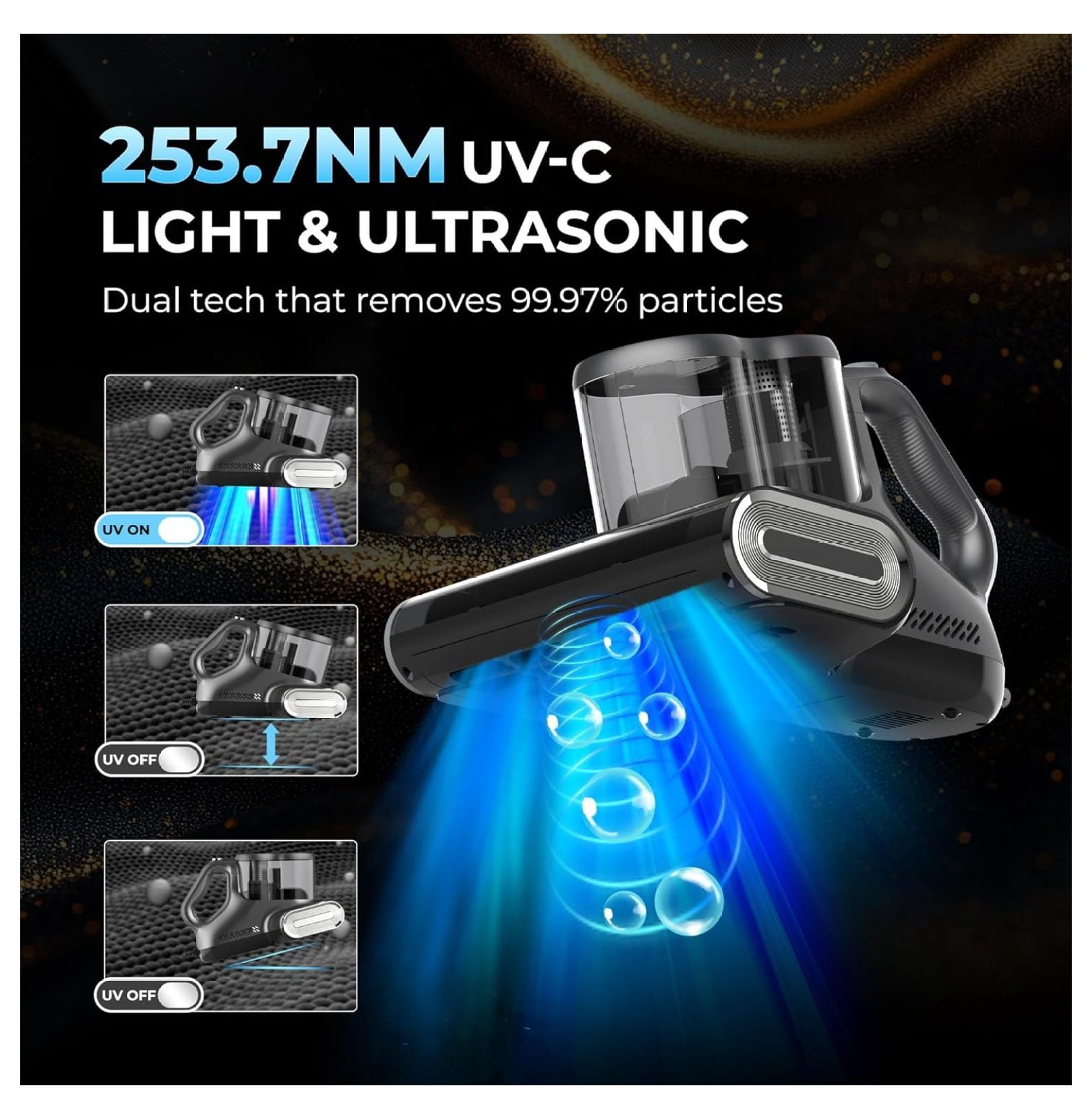 Mattress Vacuum Cleaner - 450W 16Kpa UV-C Light, Corded - for Allergies, Dust Mites, Pet Hair - Sofas, Beds, Carpets - Metallic Grey