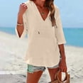 thumbnail image 3 of Women's Cotton Linen Hooded Cover Up, 3/4 Sleeve V-Neck Pocket Shirt, Lightweight Beach Kimono for Bikini Cover, Summer Vacation, and Resort Wear-Beige, 3 of 10
