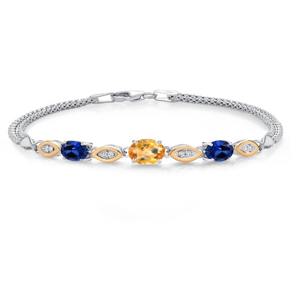 925 Silver and 10K Yellow Gold Yellow Citrine and Blue Created Sapphire and White Lab Grown Diamond Bracelet for Women (1.98 Cttw, November Birthstone, Oval Checkerboard, Wheat Chain, 6.5 inches)