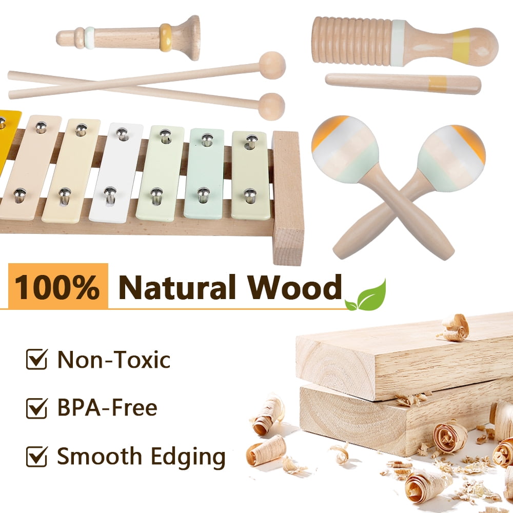 iFLOVE Baby Musical Instruments Set for Toddlers, Montessori Wooden Toys with Xylophone, Tambourine, Maracas, Neutral Color Music Toys for Kids 1-3