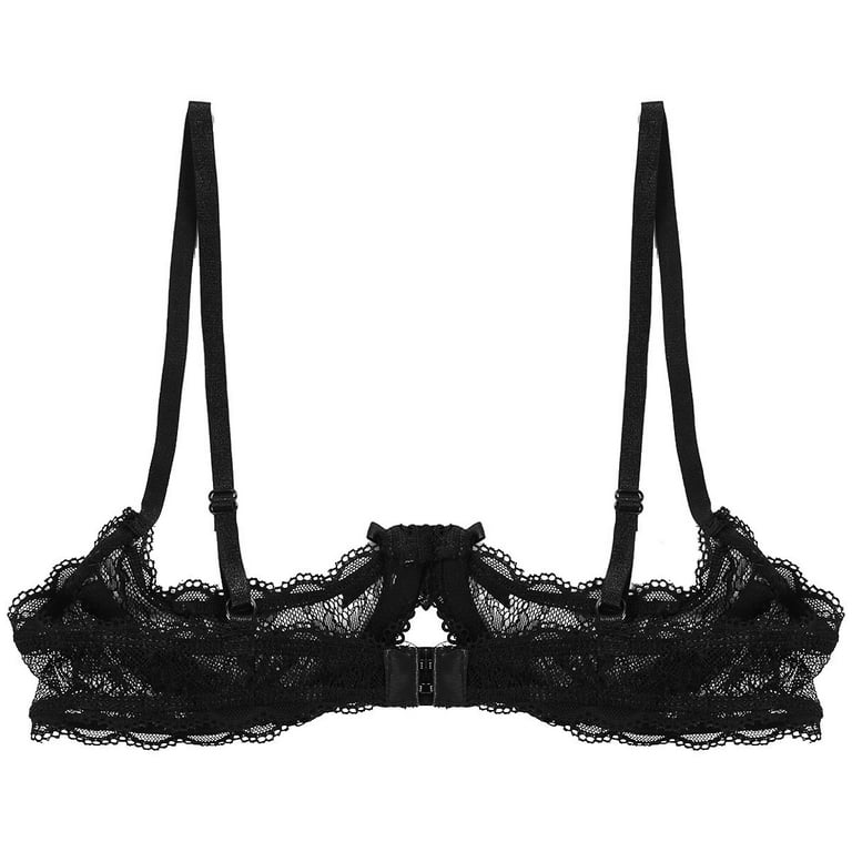 YONGHS Women Lace Sheer Push Up Bra 1/4 Quarter Cup Underwired Bralette  Lingerie Black 3XL 
