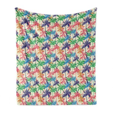 Tropical Soft Flannel Fleece Blanket, Vibrant Tropic Palm Tree Pattern Rainbow Colored Exotic Hawaii Nature Composition, Cozy Plush for Indoor and Outdoor Use, 50" x 70", Multicolor, by Ambesonne
