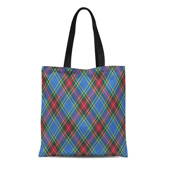 SIDONKU Canvas Tote Bag Blue Celtic Macbeth Tartan Kilt Diagonal Pattern Red Check Durable Reusable Shopping Shoulder Grocery Bag