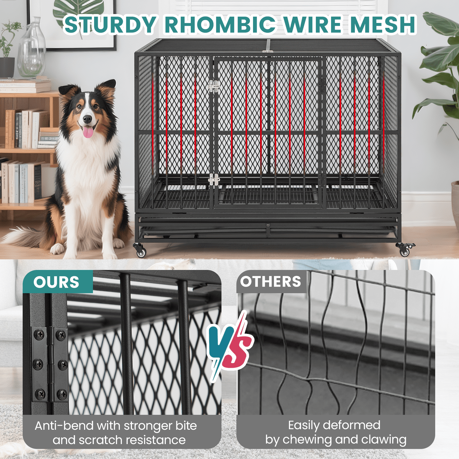 Erinnyees Heavy Duty 42" Metal Dog Crate for Dogs with Lockable Wheels